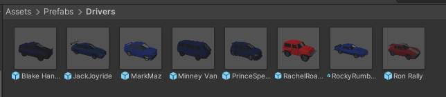 All car models are setup as prefabs in Unity
